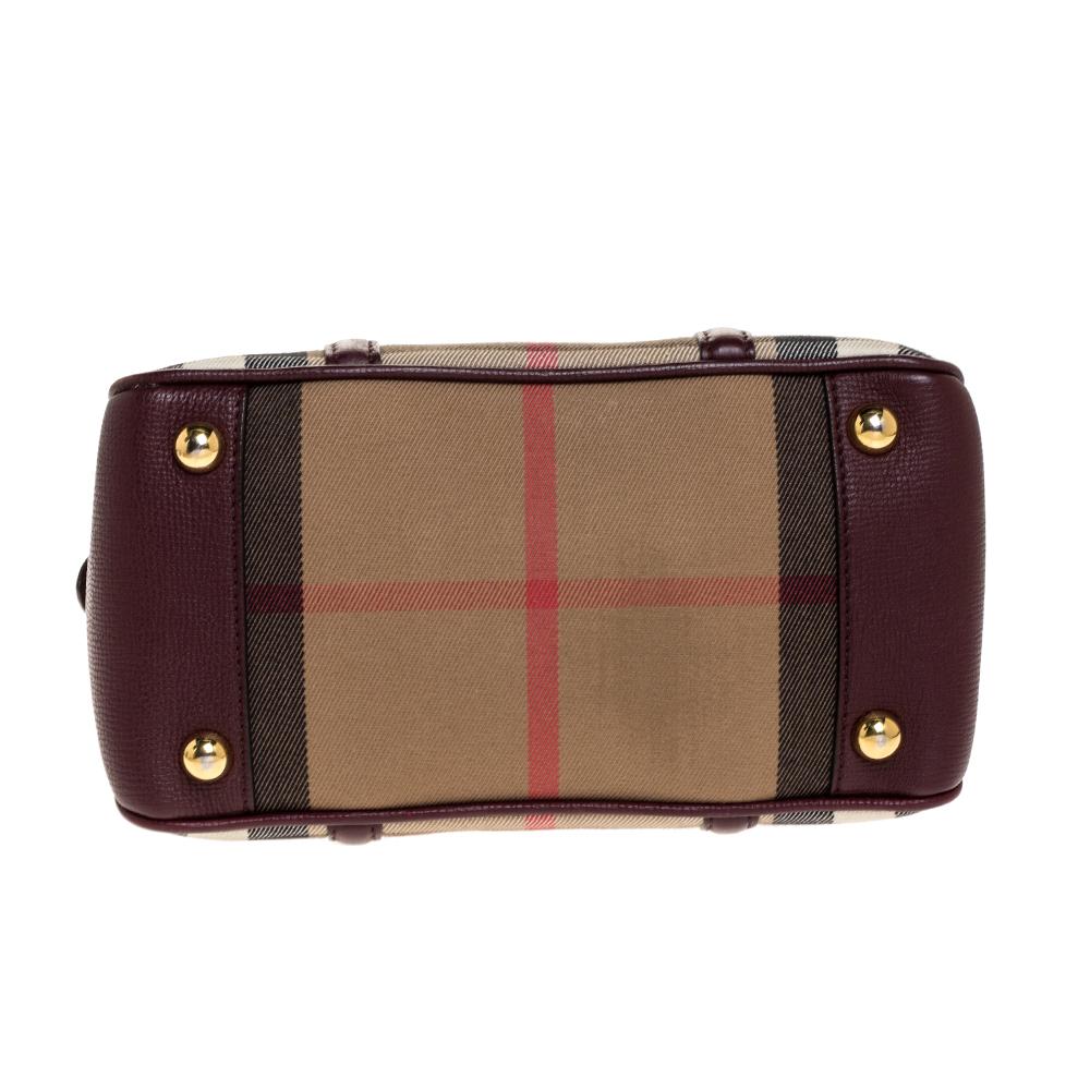 Burberry Burgundy House Check Canvas and Leather Small Milverton Satchel In Good Condition In Dubai, Al Qouz 2