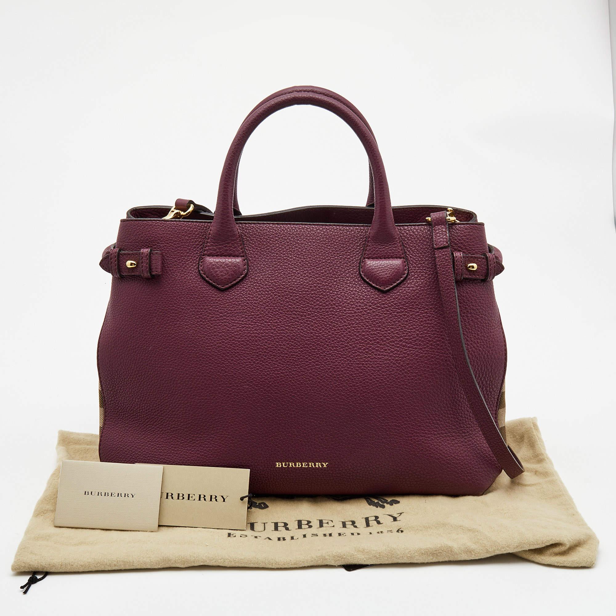 Burberry Burgundy Leather and House Check Canvas Medium Banner Tote 9
