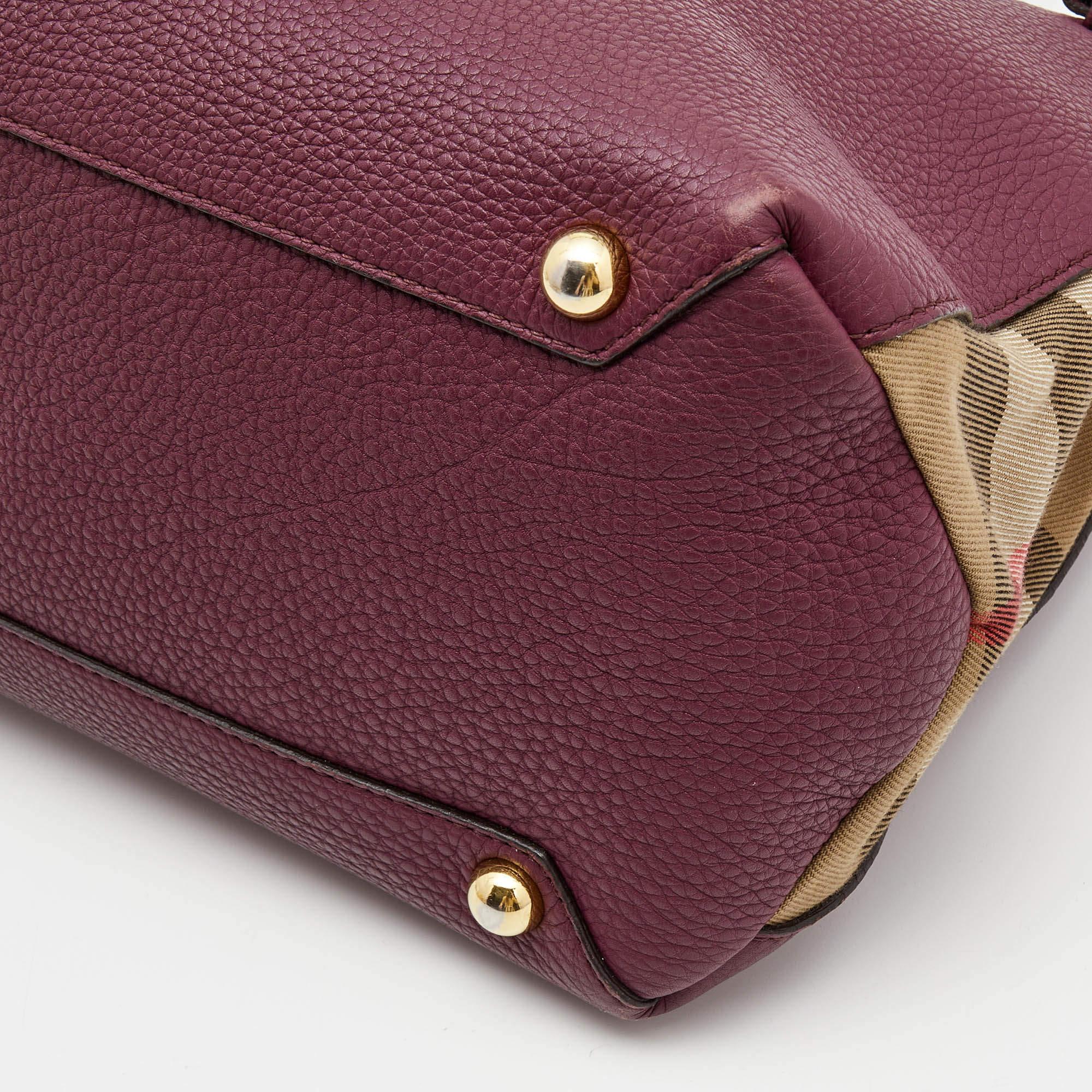 Burberry Burgundy Leather and House Check Canvas Medium Banner Tote For ...