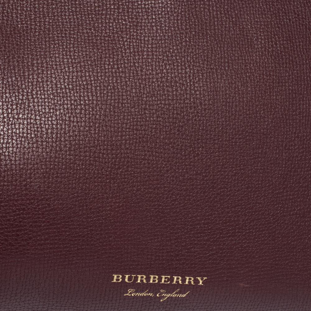 Burberry Burgundy Leather and House Check Fabric Medium Banner Tote 1