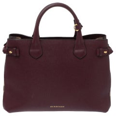 Burberry Burgundy Leather and House Check Fabric Medium Banner Tote