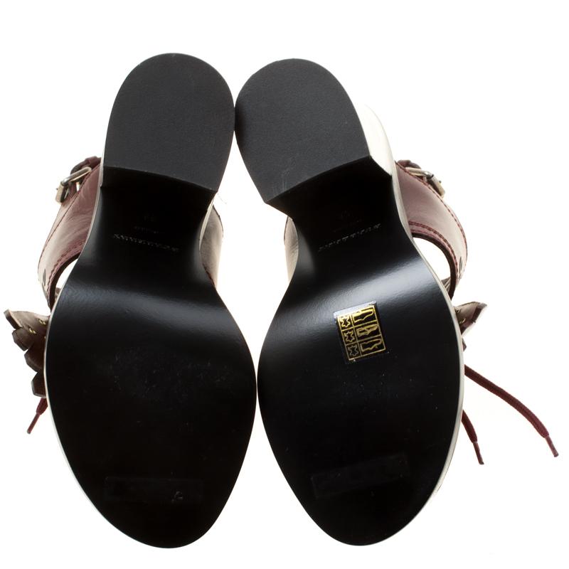 Black Burberry Burgundy Leather Beverley Eyelet Fringe Detail Block Heel Sandals Size 