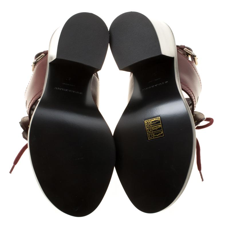 Burberry Burgundy Leather Beverley Eyelet Fringe Detail Block Heel Sandals Size  In New Condition In Dubai, Al Qouz 2