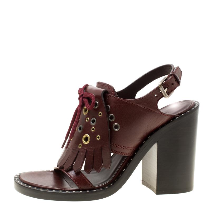 Women's Burberry Burgundy Leather Beverley Eyelet Fringe Detail Block Heel Sandals Size 