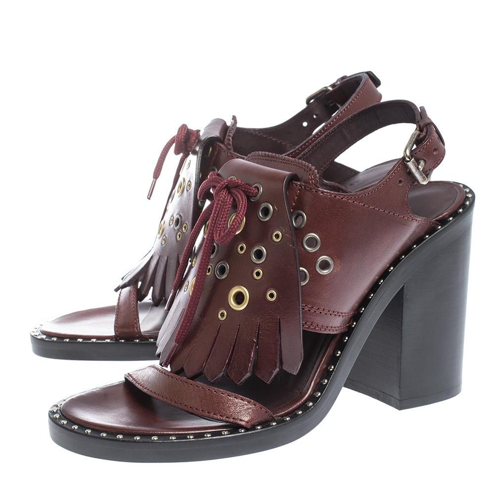 Women's Burberry Burgundy Leather Beverley Eyelet Fringe Detail Heel Sandals Size 37