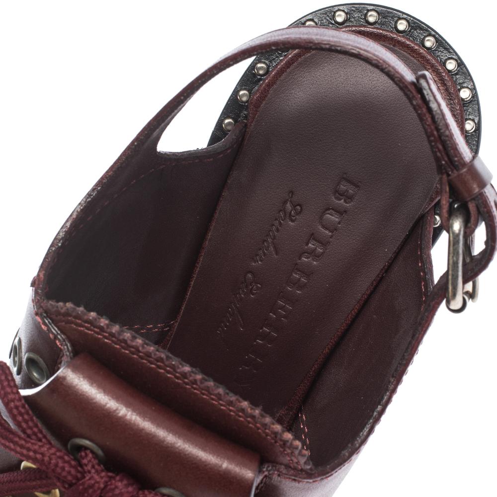 Burberry Burgundy Leather Beverley Eyelet Fringe Detail Heel Sandals Size 37 1