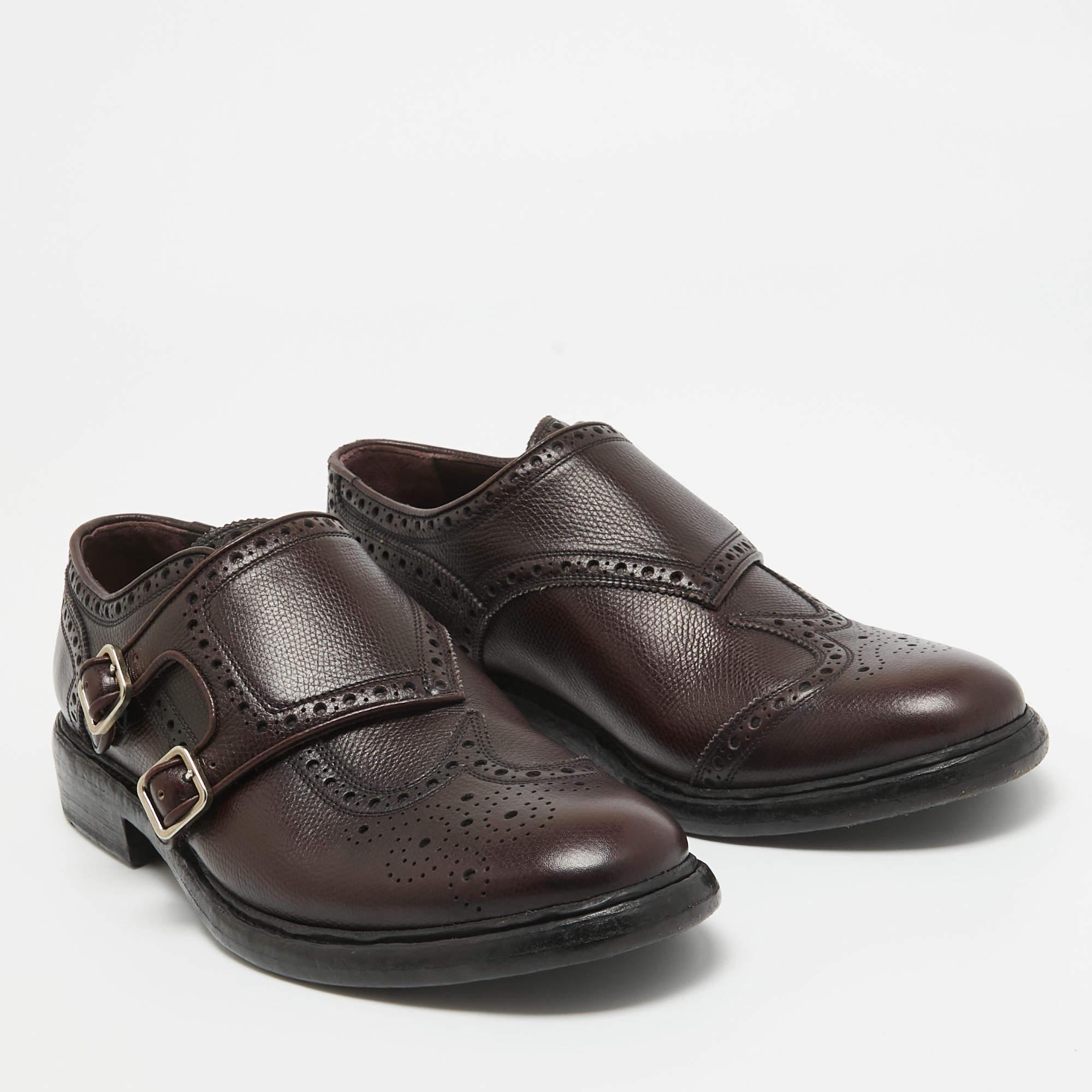 Burberry Burgundy Leather Delmar Monk Strap Brogues Size 40.5 In Good Condition For Sale In Dubai, Al Qouz 2