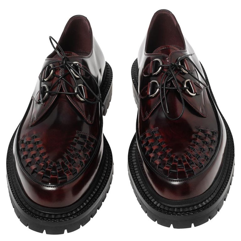 Burberry Lace Up Brogues in Burgundy Leather Burberry Burgundy Leather Woven Toe Detail Lace Up Platform  main image 3