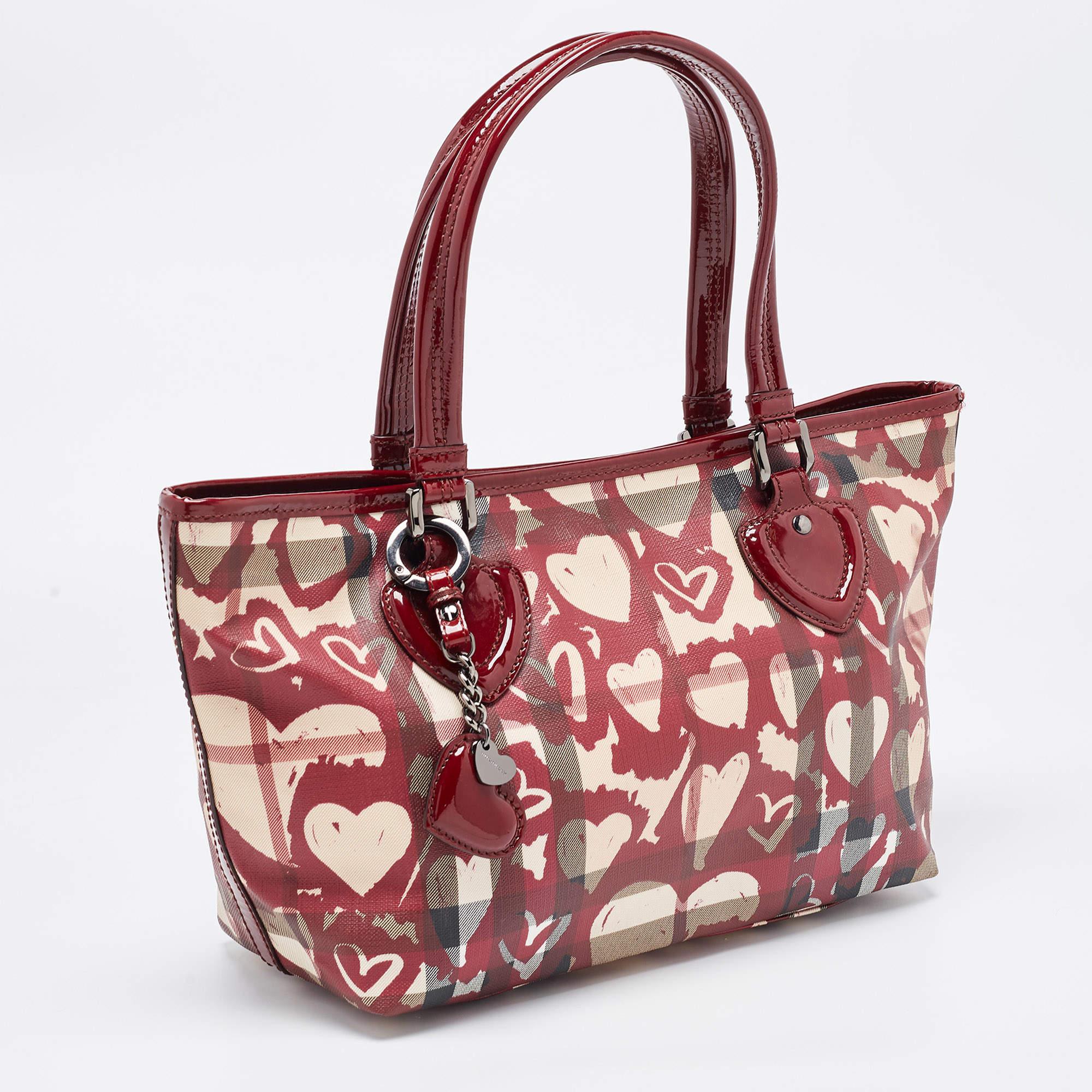 Burberry Burgundy Nova Heart Check Coated Canvas and Patent Leather Gracie Tote 3