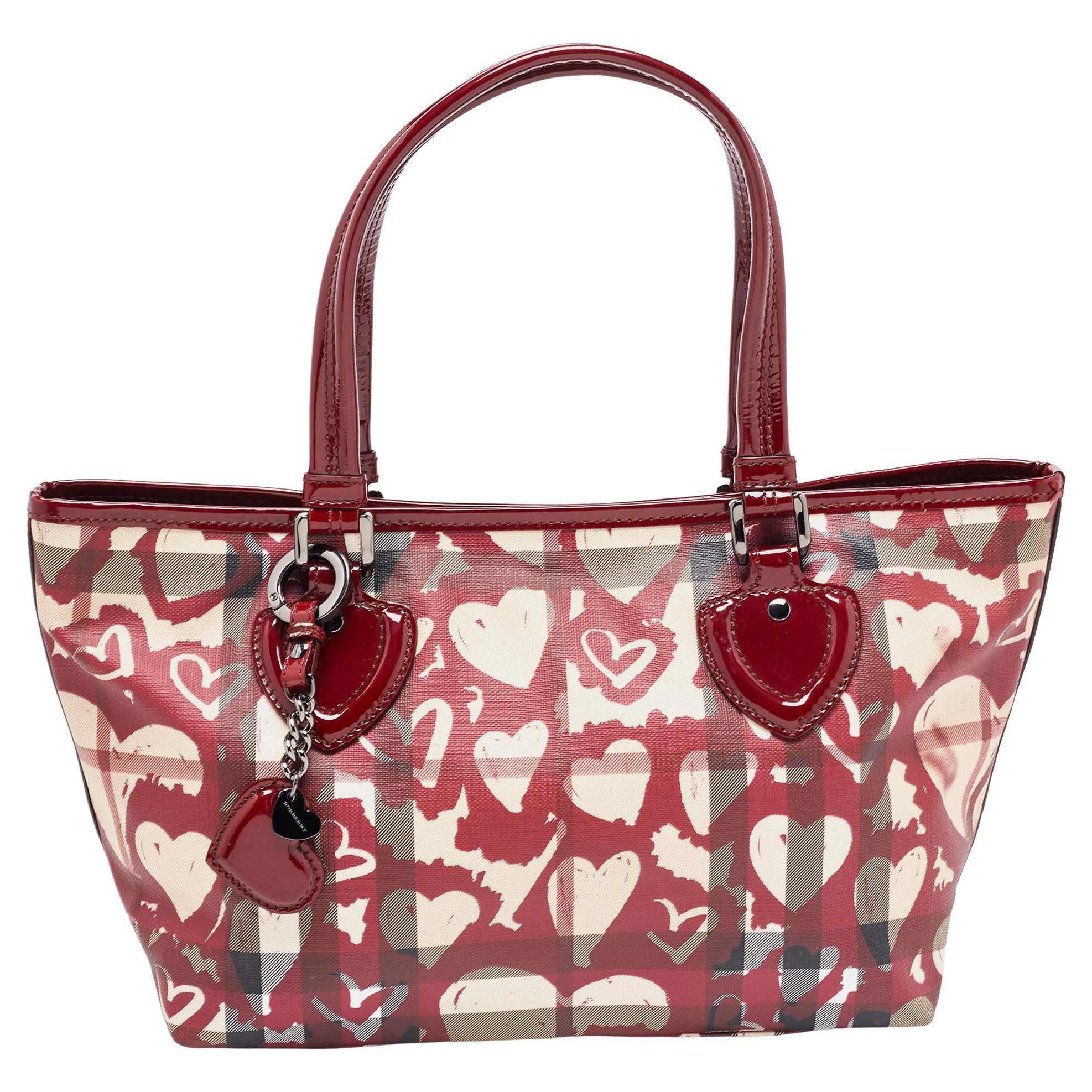 Burberry Burgundy Nova Heart Check Coated Canvas and Patent Leather Gracie Tote