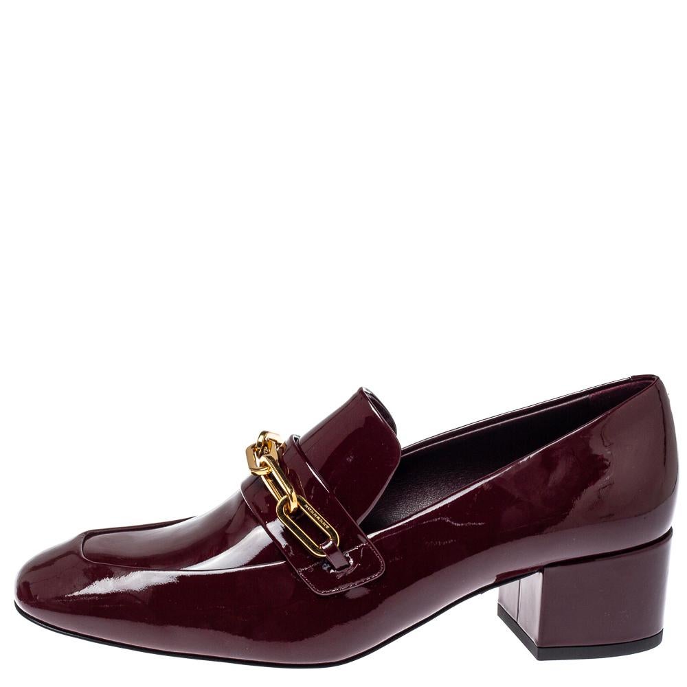 Women's Burberry Burgundy Patent Leather Chain Link Loafers Size 36.5