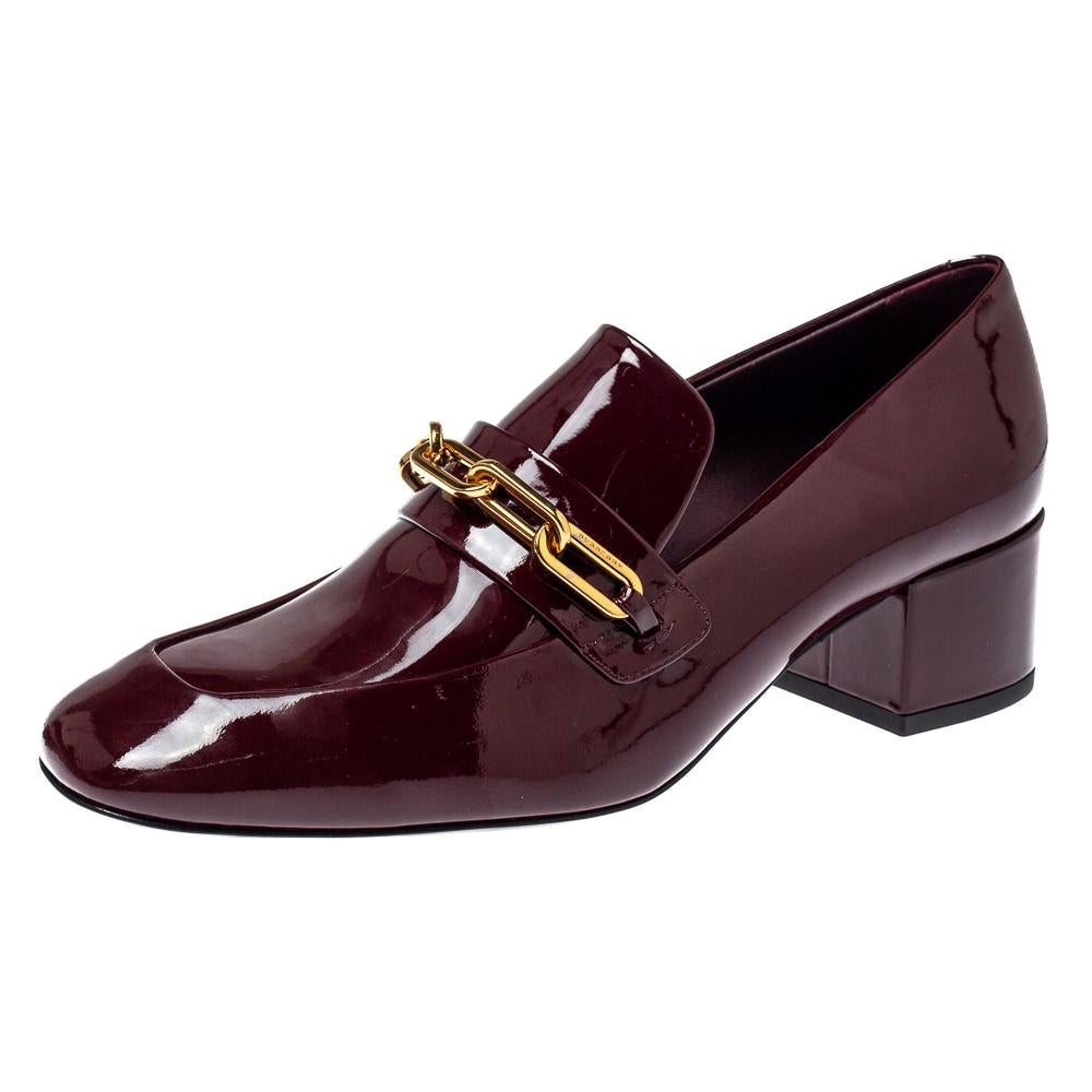 Burberry Burgundy Patent Leather Chain Link Loafers Size 36.5