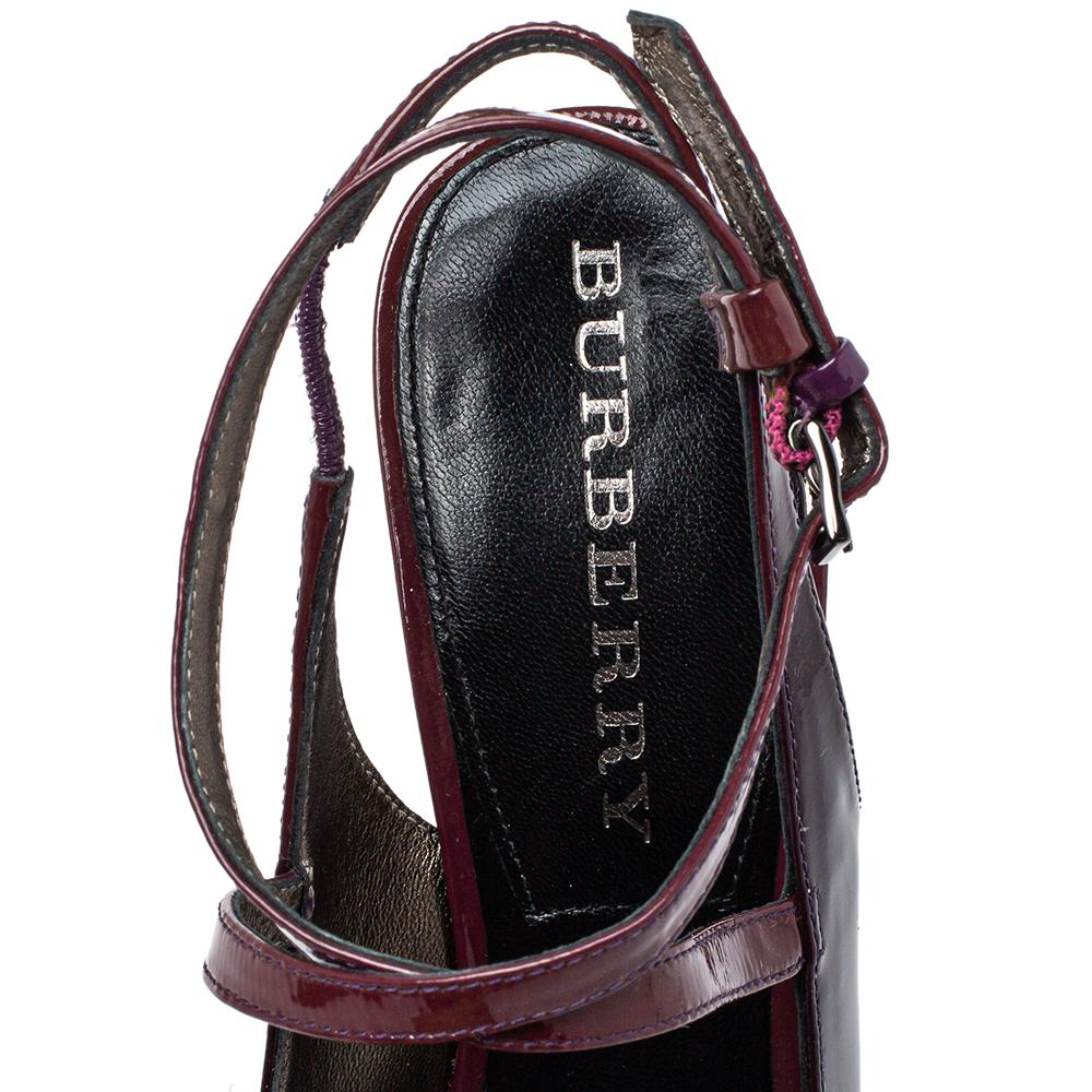 Black Burberry Burgundy Patent Leather Wedge Platform Strappy Sandals Size 36