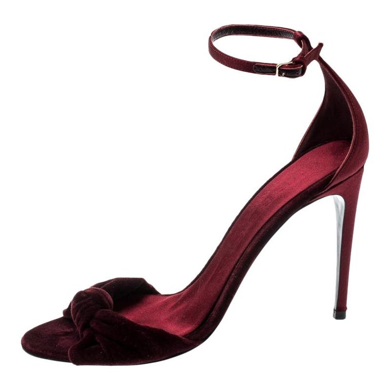 Burberry Burgundy Satin And Velvet Knot Detail Ankle Strap Sandals Size ...