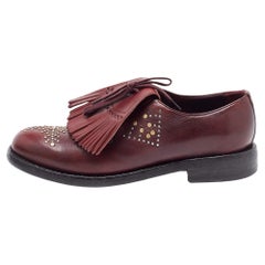 Used Burberry Burgundy Studded Leather Ampney Fringe Detail Oxfords Size 37.5