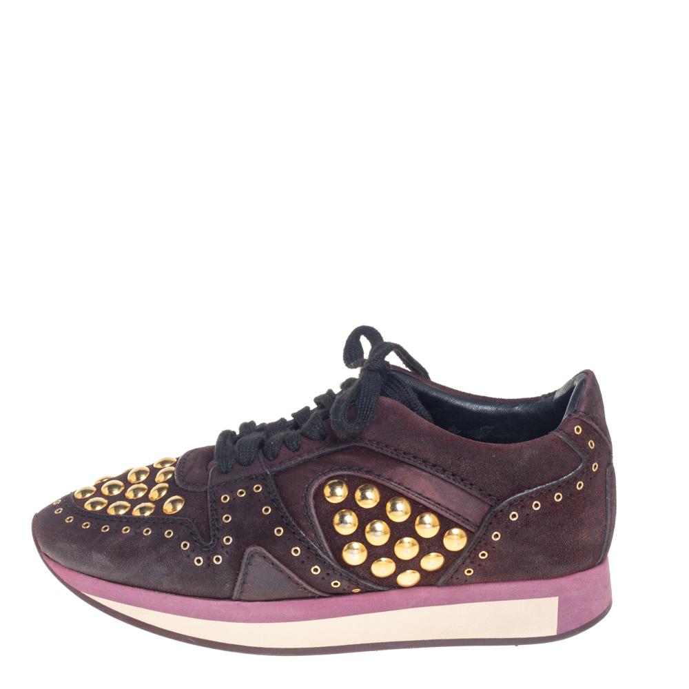 Black Burberry Burgundy Suede And Satin Studded Low Top Sneakers Size 38 For Sale