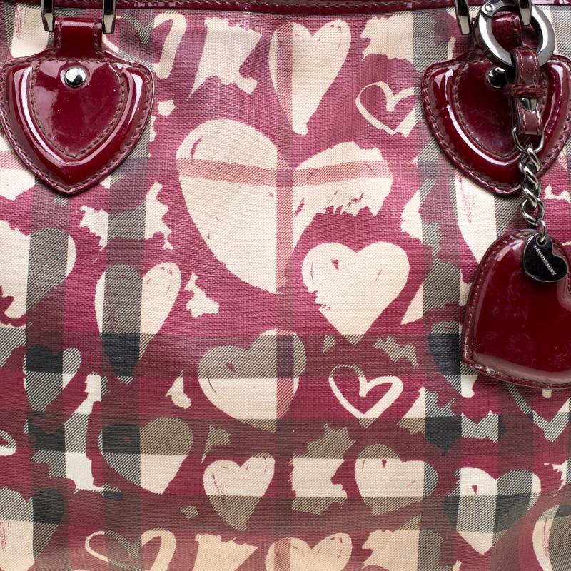 Burberry Burgundy Supernova Heart Check Coated Canvas and Patent Leather Large T 5