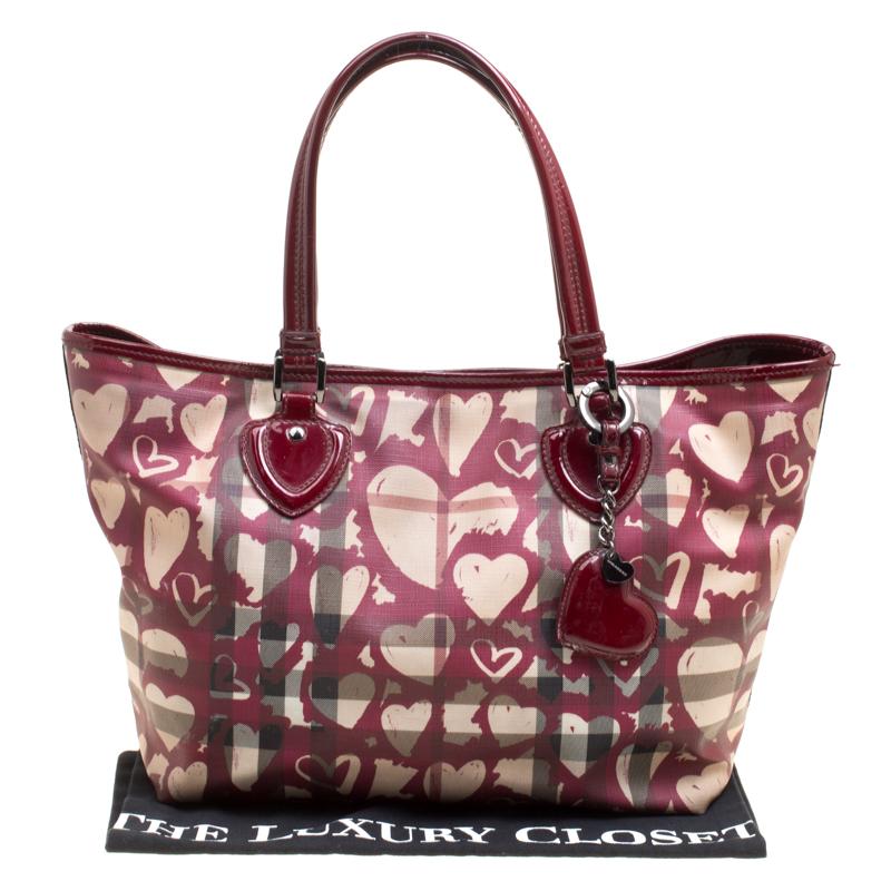 Burberry Burgundy Supernova Heart Check Coated Canvas and Patent Leather Large T 7
