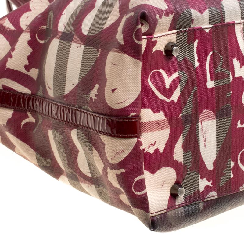 Burberry Burgundy Supernova Heart Check Coated Canvas and Patent Leather Large T 4