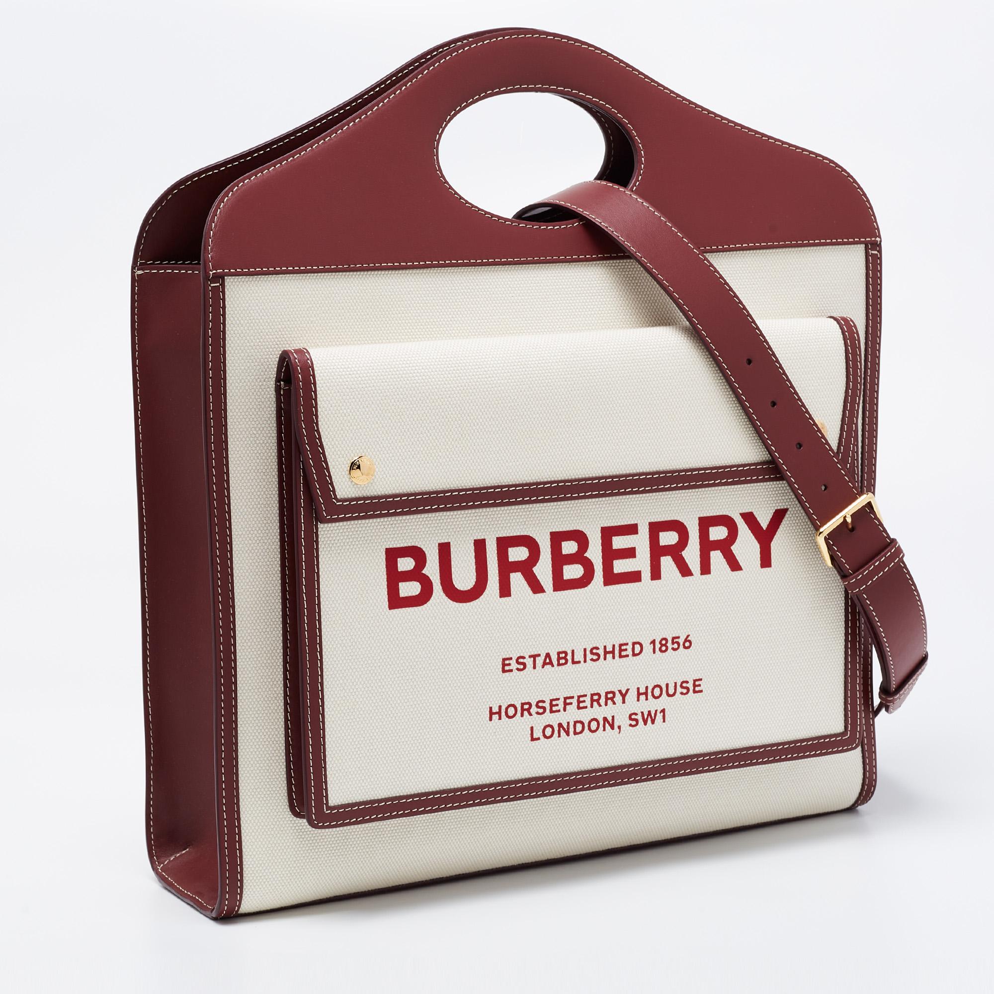Burberry Burgundy/White Leather And Canvas Medium Pocket Bag For Sale at  1stDibs