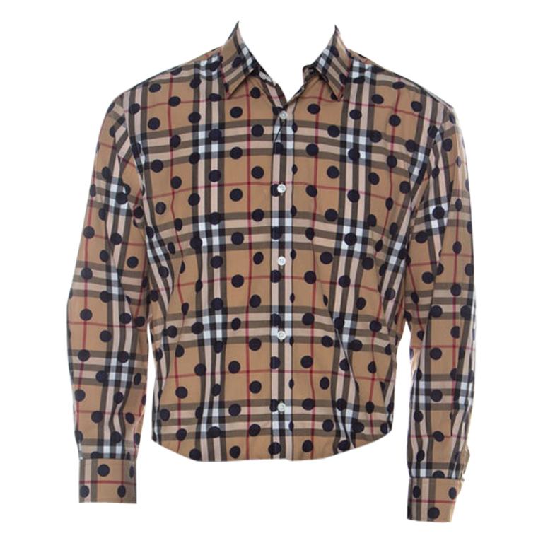 Burberry Camel Beige Nova Check Cotton Polka Dot Detail Shirt XL