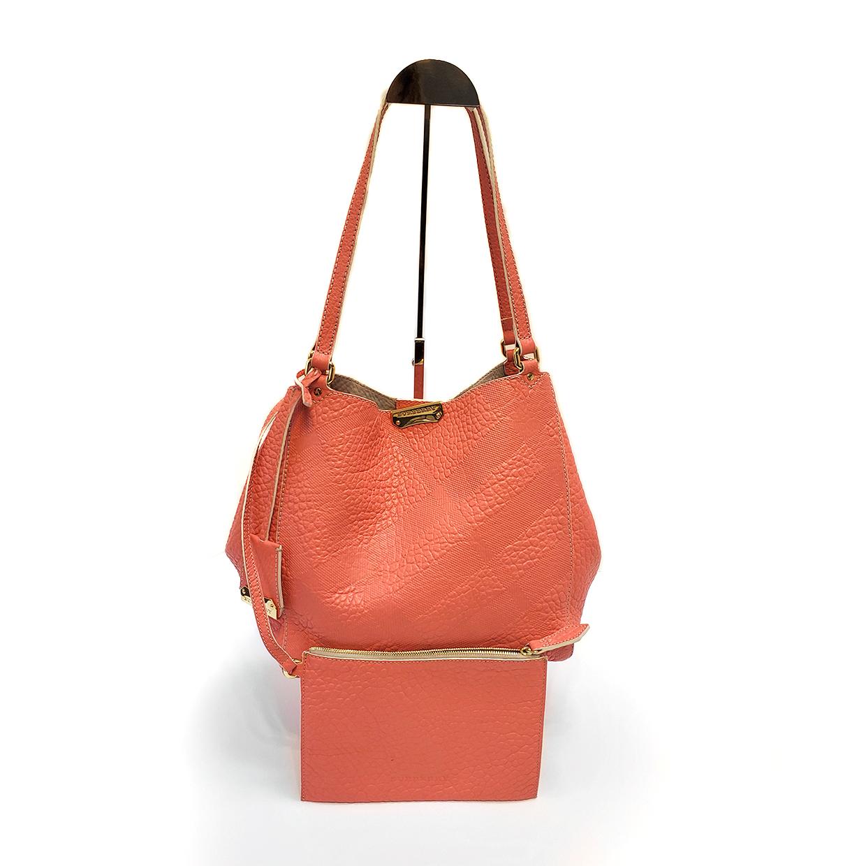Orange Burberry Canterbury Rose Pink Embossed Check Tote Handbag For Sale