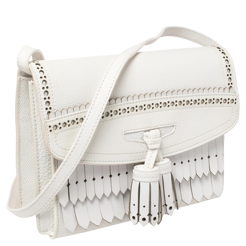 Women's Burberry Chalk White Leather Macken Broguing Tassel Shoulder Bag