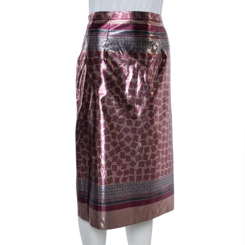 Black Burberry Champagne Pink Printed Lamé Pencil Skirt M For Sale
