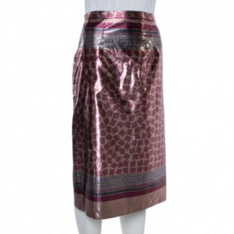Women's Burberry Champagne Pink Printed Lamé Pencil Skirt M For Sale