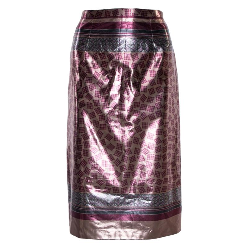 Burberry Champagne Pink Printed Lamé Pencil Skirt M For Sale