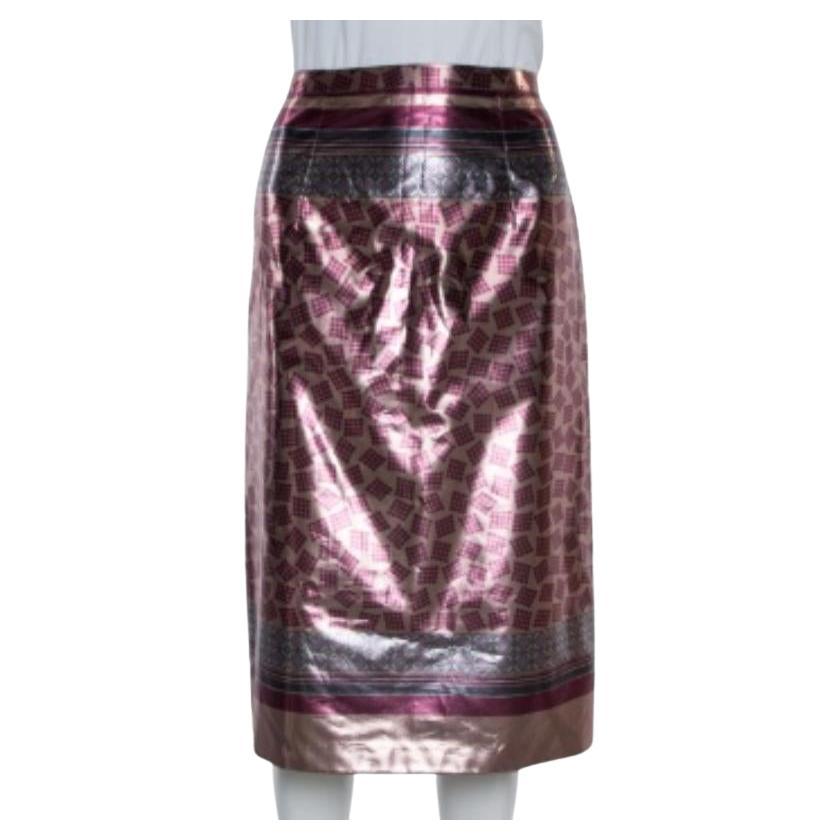Burberry Champagne Pink Printed Lamé Pencil Skirt M For Sale