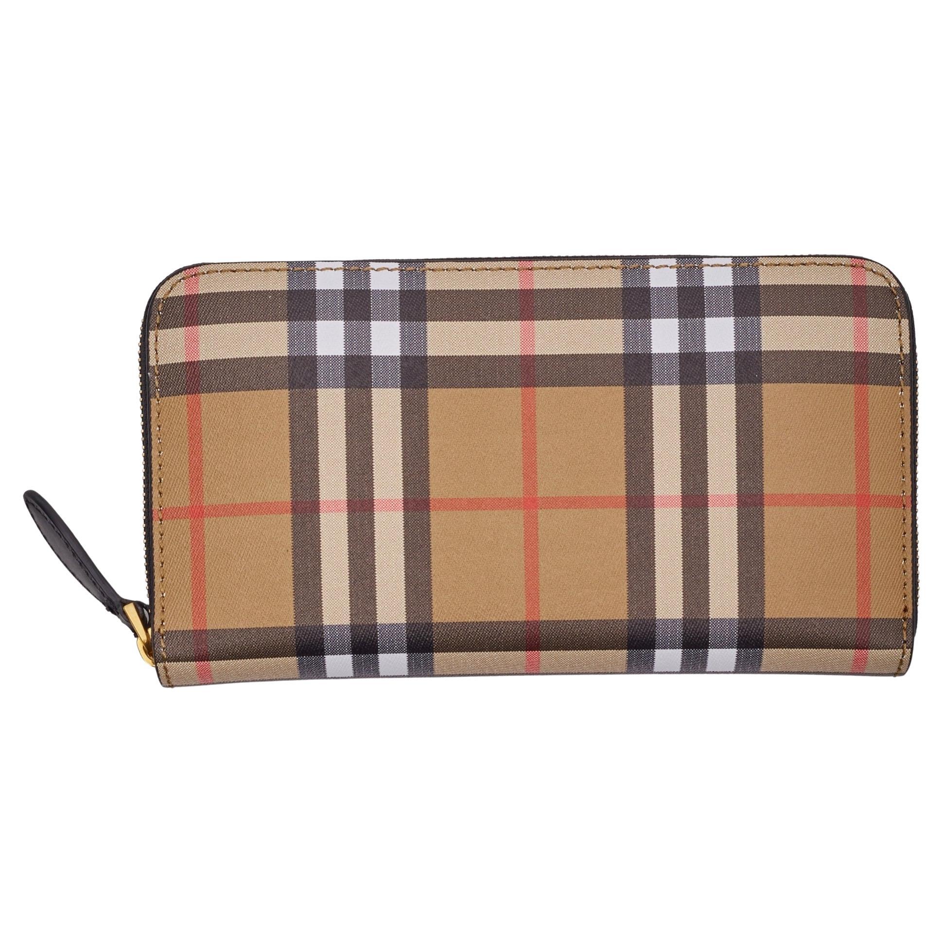 Burberry Check Beige Leather Elmore Zip Around Wallet For Sale