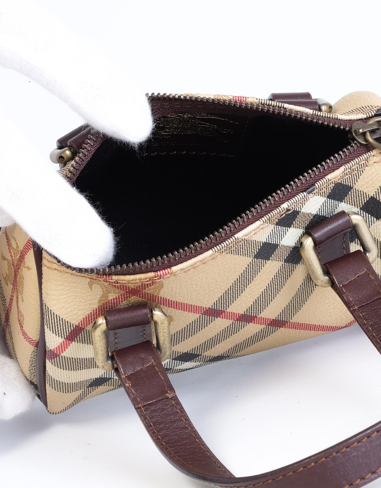 Beige Burberry Check Print Mini Haymarket Boston Bag