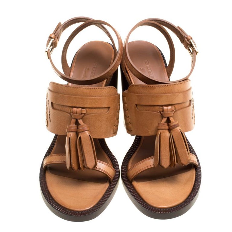 Burberry Cognac Brown Leather Bethany Tassel Detail Block Heel Sandals ...