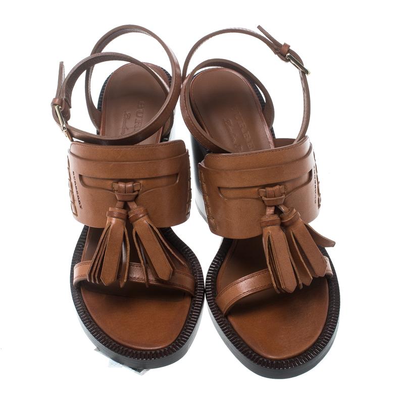 Women's Burberry Cognac Brown Leather Bethany Tassel Detail Block Heel Sandals Size 40