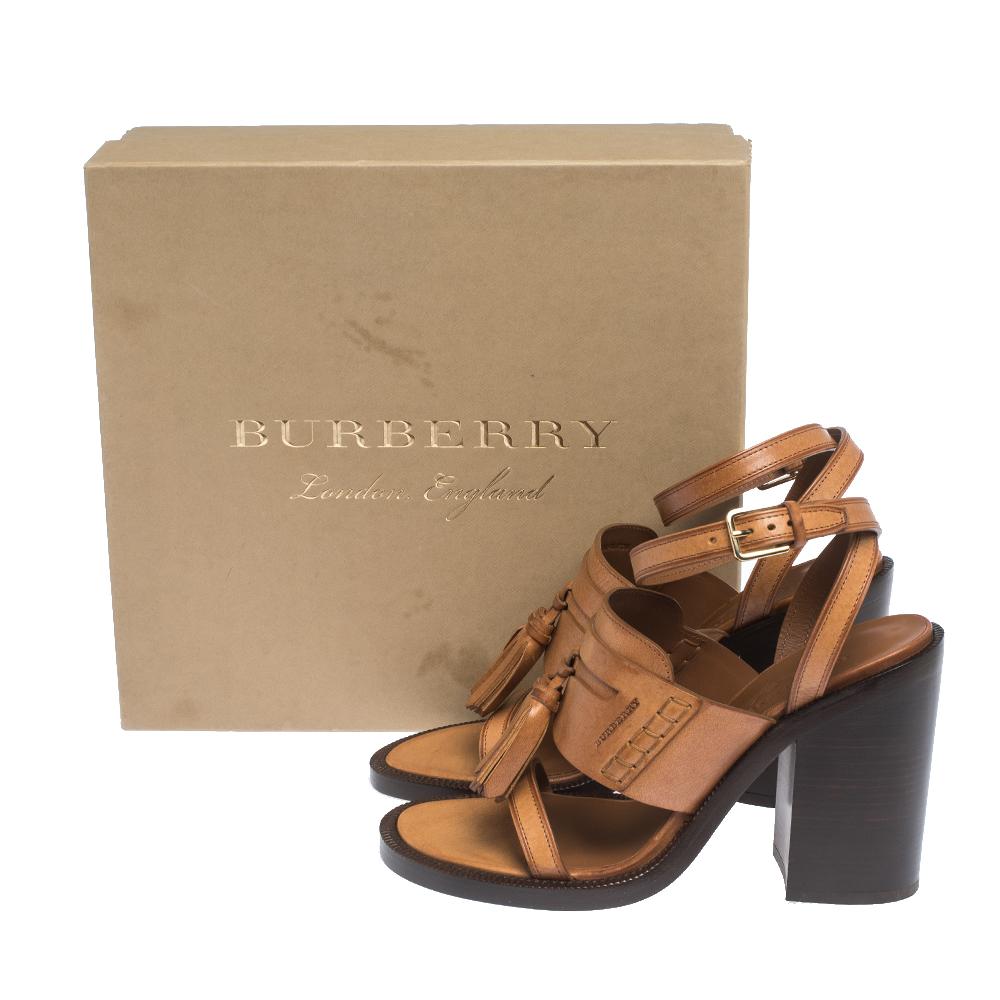 Burberry Cognac Brown Leather Bethany Tassel Detail Block Heel Sandals Size 40 1