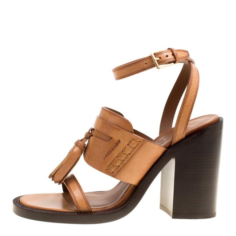 Burberry Cognac Brown Leather Bethany Tassel Detail Block Heel Sandals ...