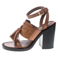 Burberry Cognac Brown Leather Bethany Tassel Detail Block Heel Sandals Size 40