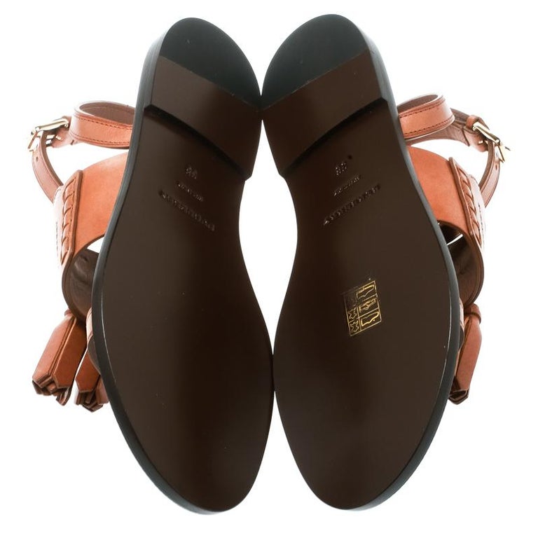 Burberry Cognac Brown Leather Bethany Tassel Detail Flat Sandals Size ...