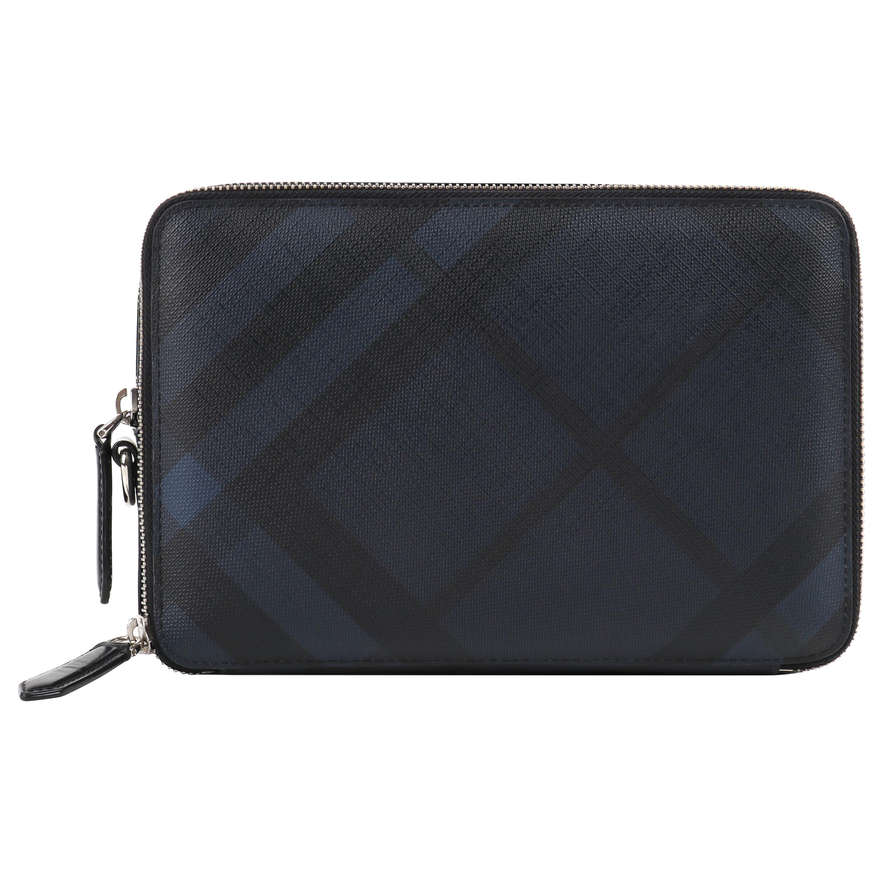 BURBERRY “Cormac" Unisex Navy Black Check Double Zip Travel Wallet Case Clutch