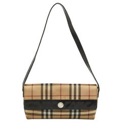 Burberry Cream/Black House Check Coated Canvas and Leather Baguette Bag