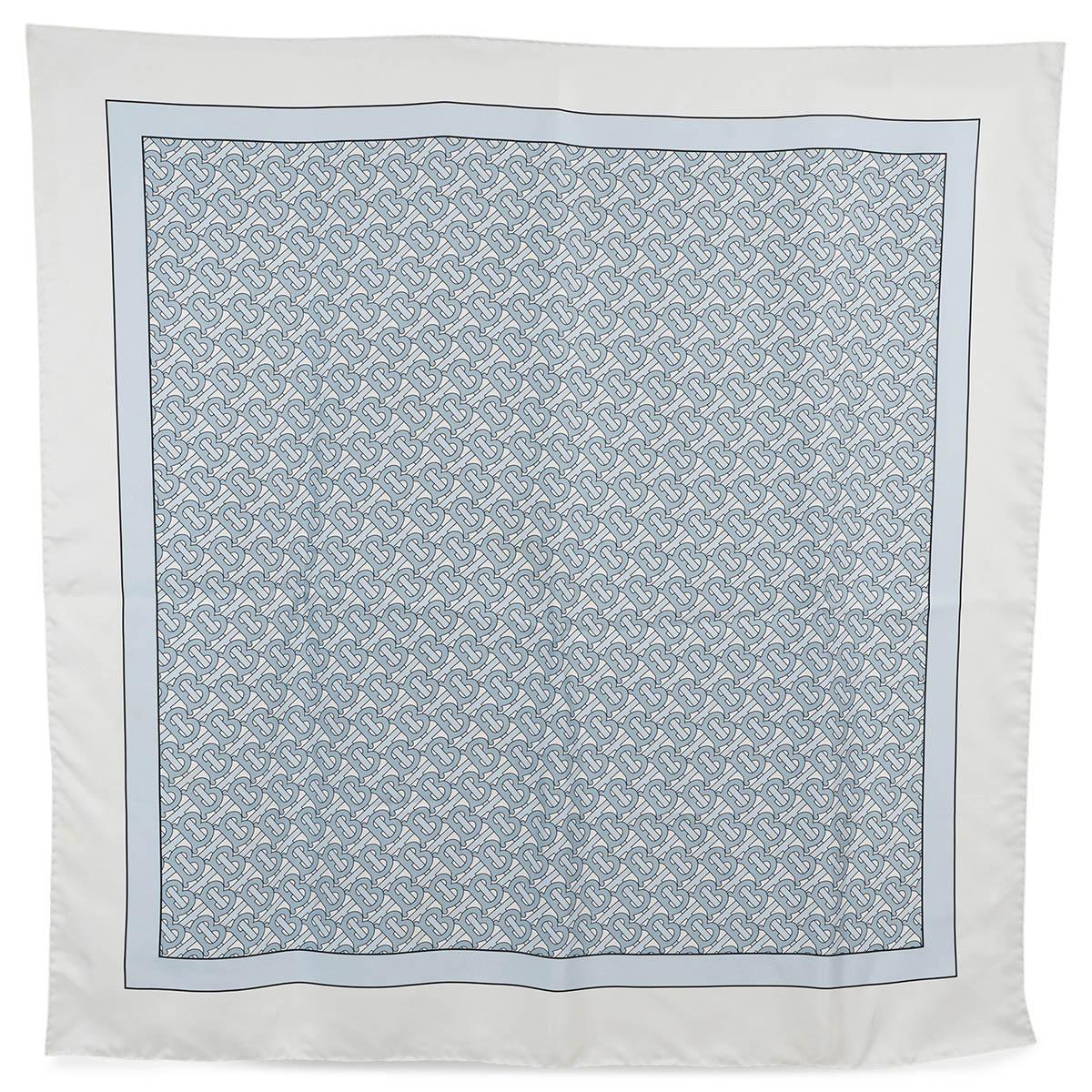 100% authentic Burberry TB monogram 90 silk scarf in pale blue, light blue and white silk. Has been worn and shows a faint stain on the white border. Overall in very good condition. 

Measurements
Width	90cm (35.1in)
Length	90cm (35.1in)

All our
