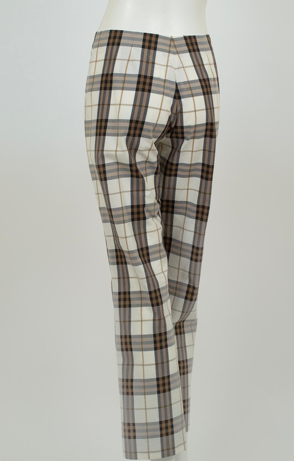 Burberry Cream Nova Check Plaid Flat Front Straight Pants – US 8 or M, 2001 In Excellent Condition In Tucson, AZ