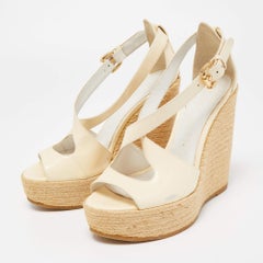 Burberry Cream Patent Peep Toe Wedge Espadrilles Sandals Size 36.5