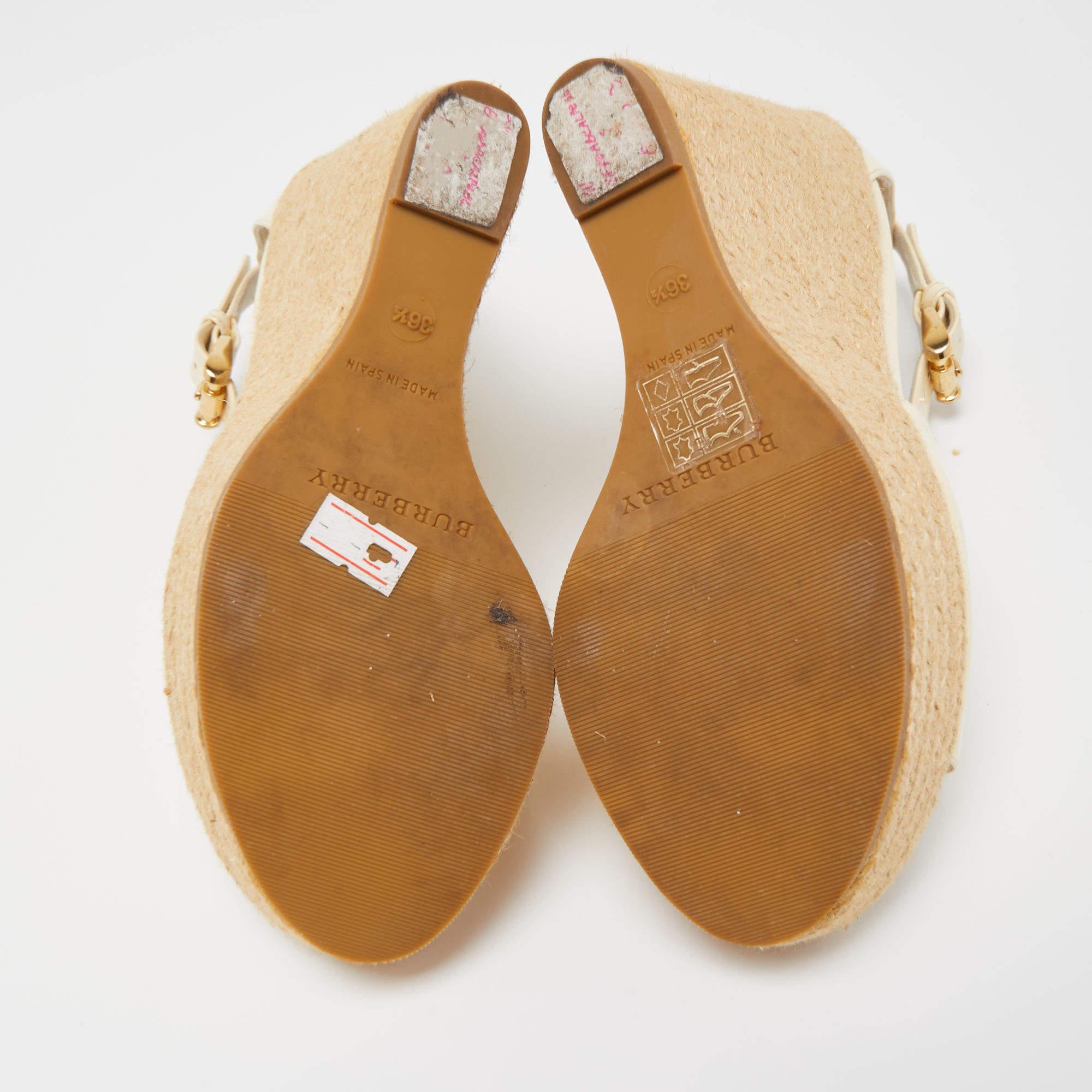 Burberry Cream Patent Peep Toe Wedge Espadrilles Sandals Size 36.5 For Sale 1