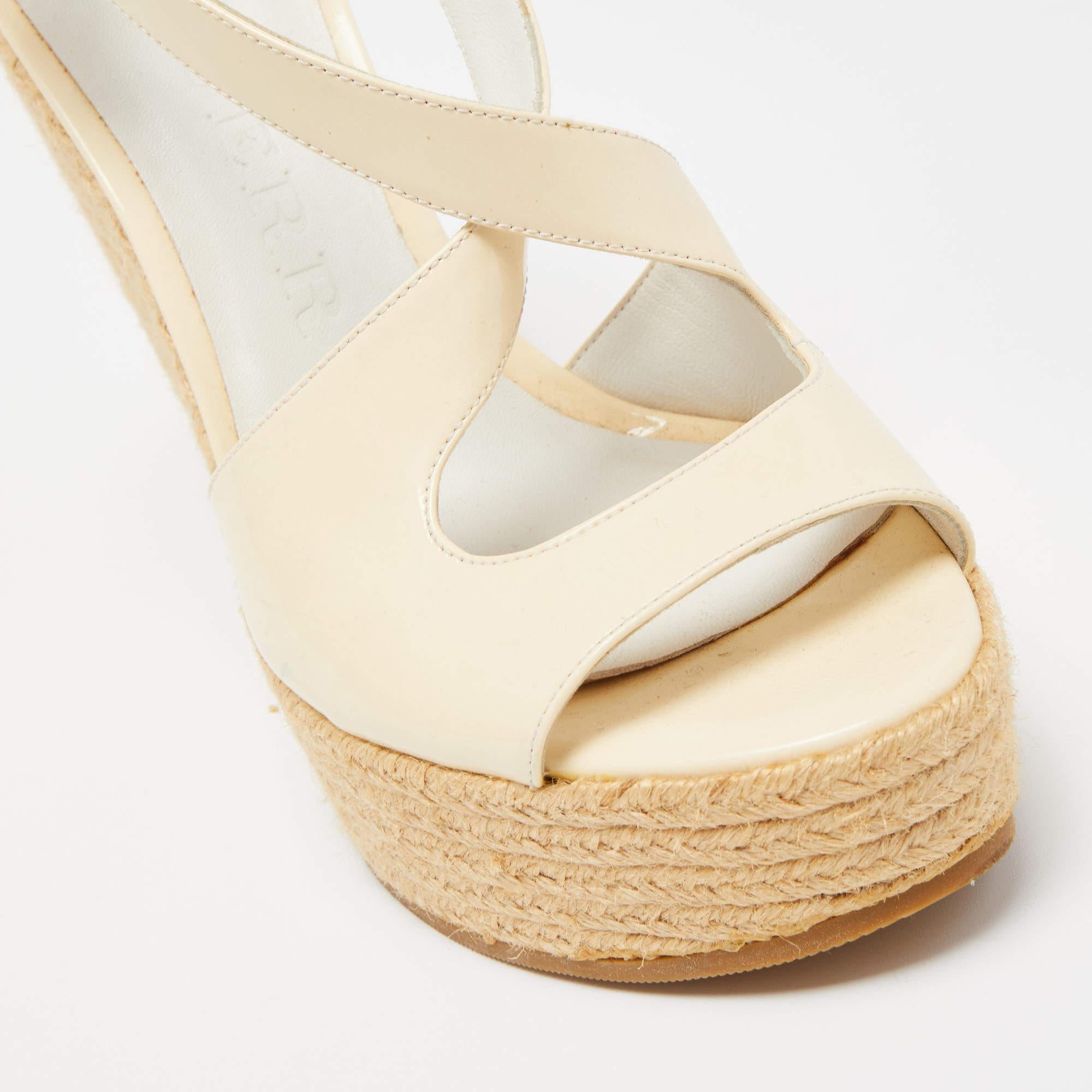 Burberry Cream Patent Peep Toe Wedge Espadrilles Sandals Size 36.5 For Sale 3