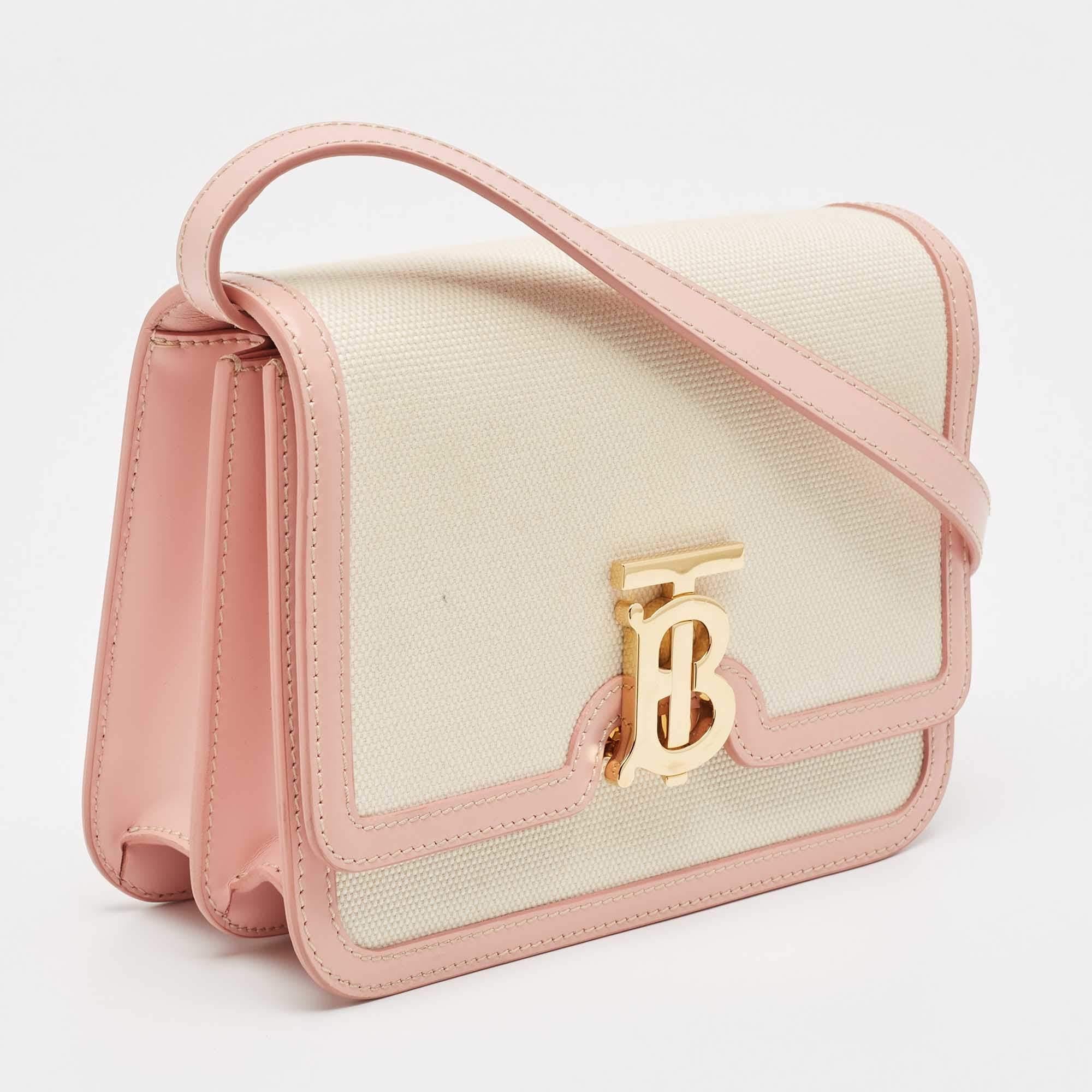 Burberry Cream/Pink Canvas and Leather Small TB Shoulder Bag For Sale 7