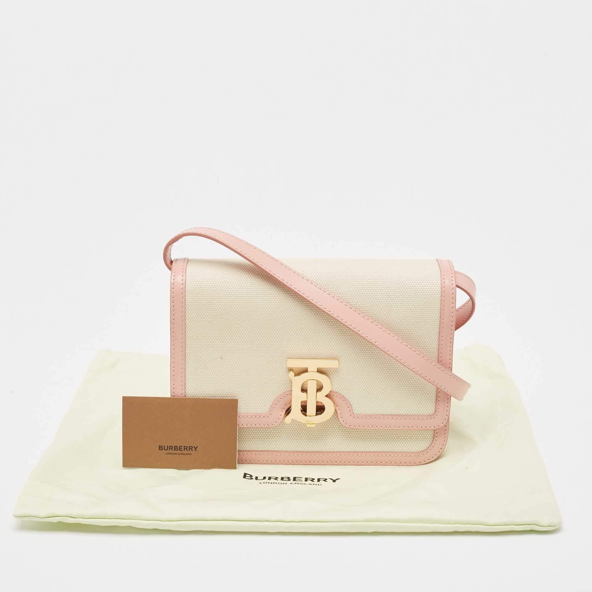 Burberry Cream/Pink Canvas and Leather Small TB Shoulder Bag For Sale 5