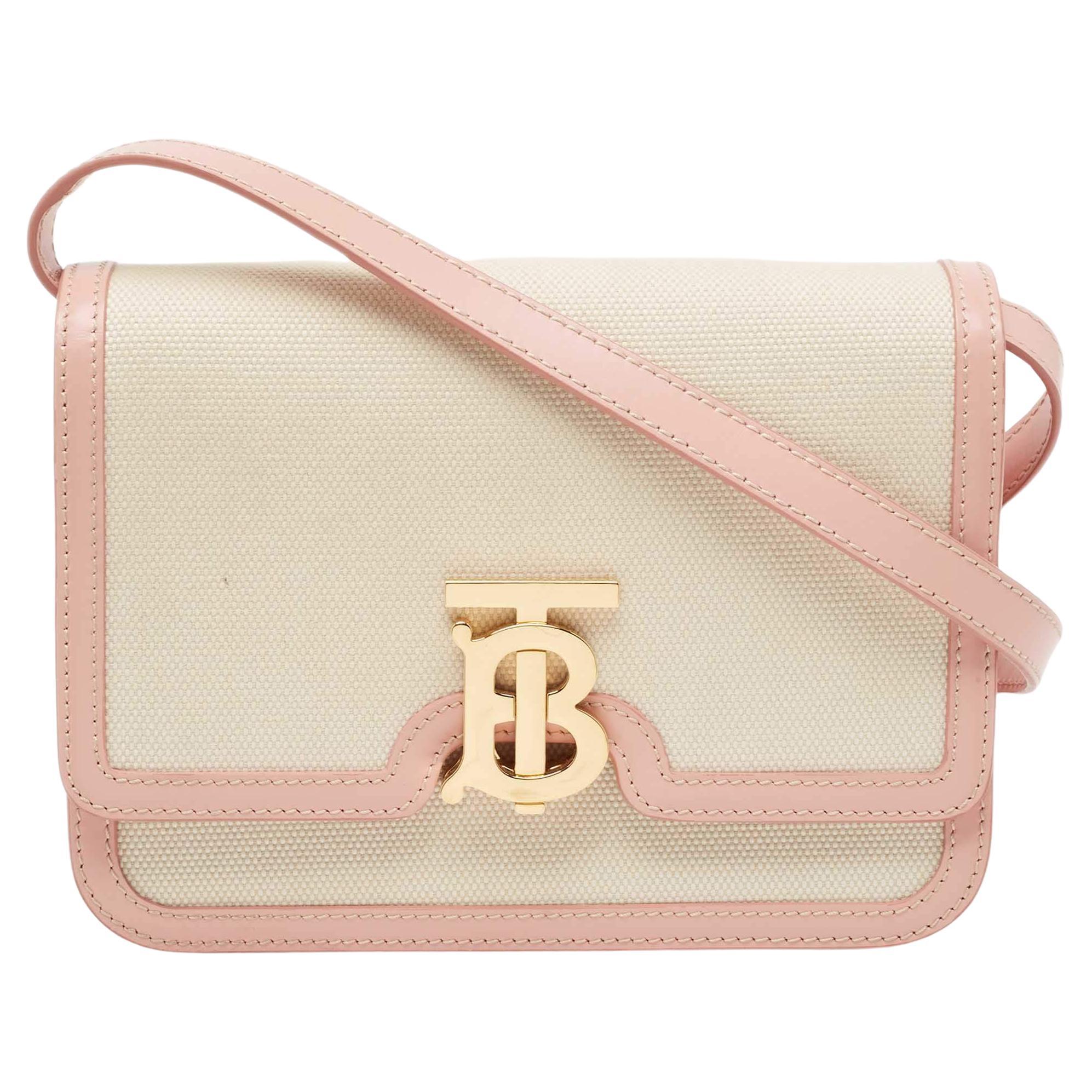 Burberry Cream/Pink Canvas and Leather Small TB Shoulder Bag For Sale
