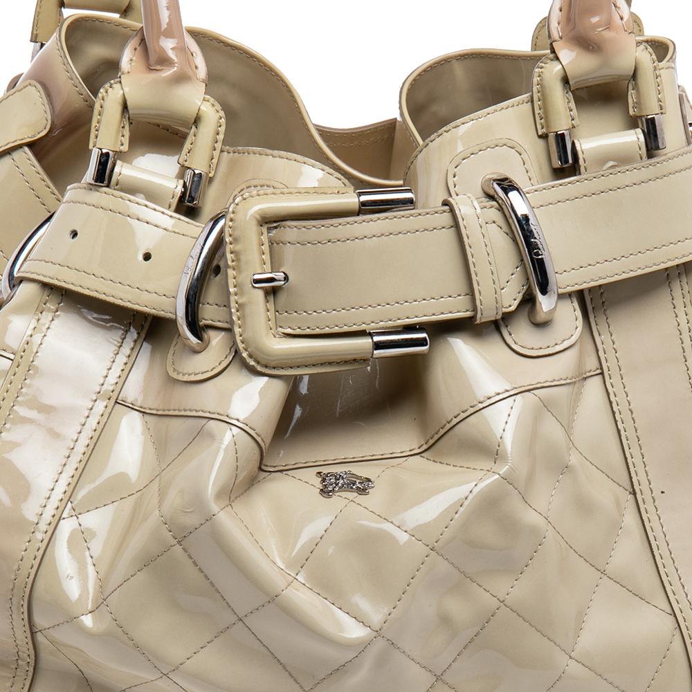 Burberry Cream Quilted Patent Leather Beaton Tote For Sale 2